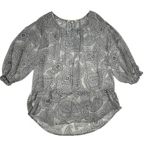 Daniel Rainn Women's Sheer Paisley Print‎ Blouse Top 3/4 Sleeve Button Neck Sz L